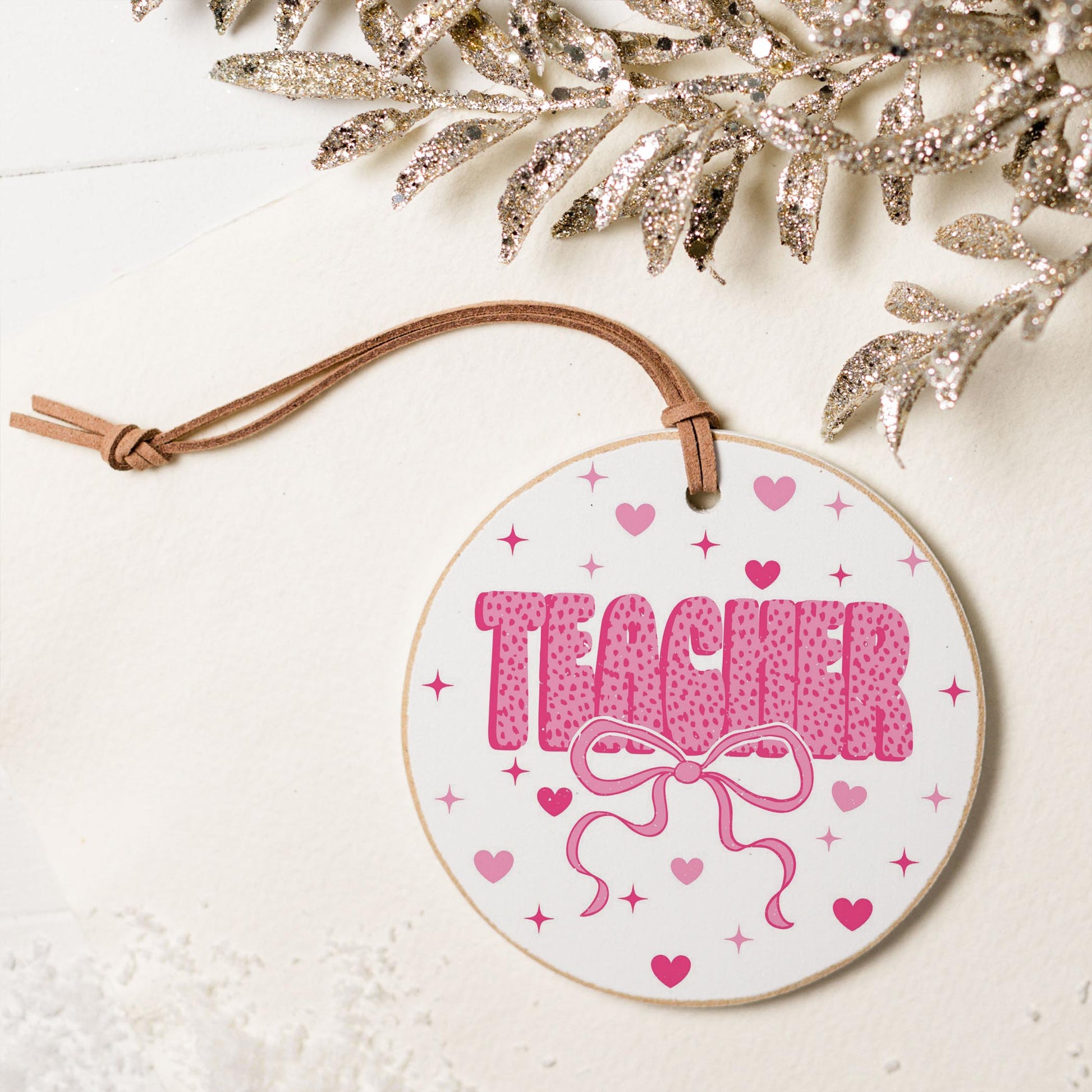4" Round Ornament-Classroom Coquette Teacher Hearts & Bow -5