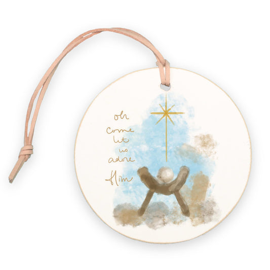 4" Round Ornament-Let Us Adore Him Watercolor Manger