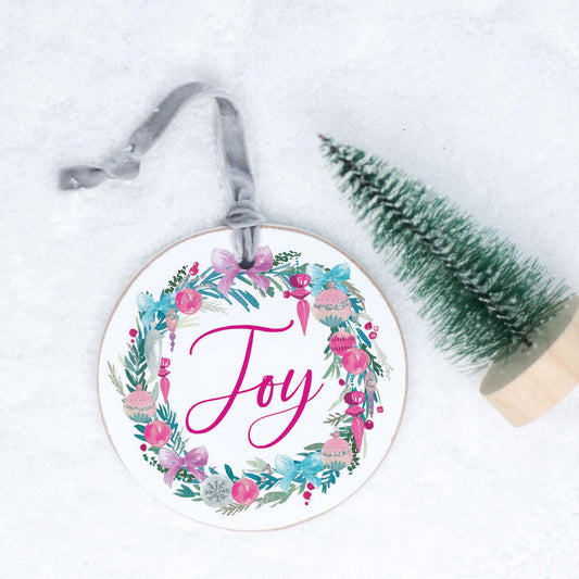 4" Round Ornament Silver Ribbon-Watercolor Sugar Plum Joy Wreath -0