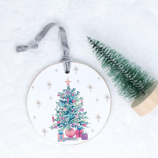 4" Round Ornament Silver Ribbon-Watercolor Sugar Plum Christmas Tree -0