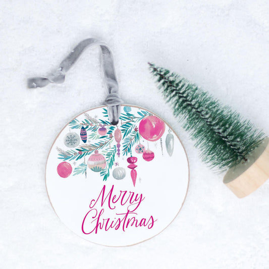 4" Round Ornament Silver Ribbon-Watercolor Sugar Plum Merry Christmas -0