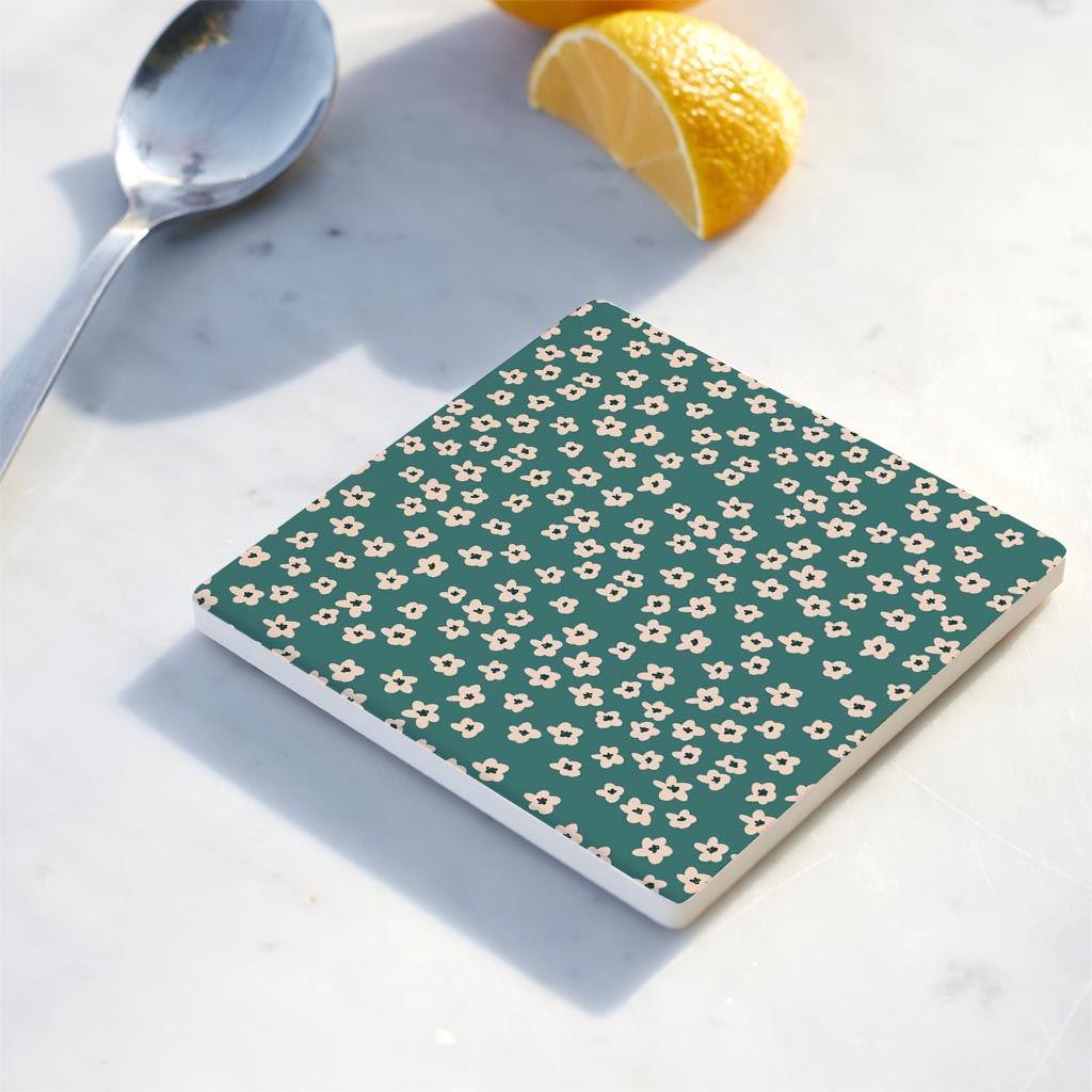 Ceramic Square Coaster-Inspirational Green Floral Pattern -4