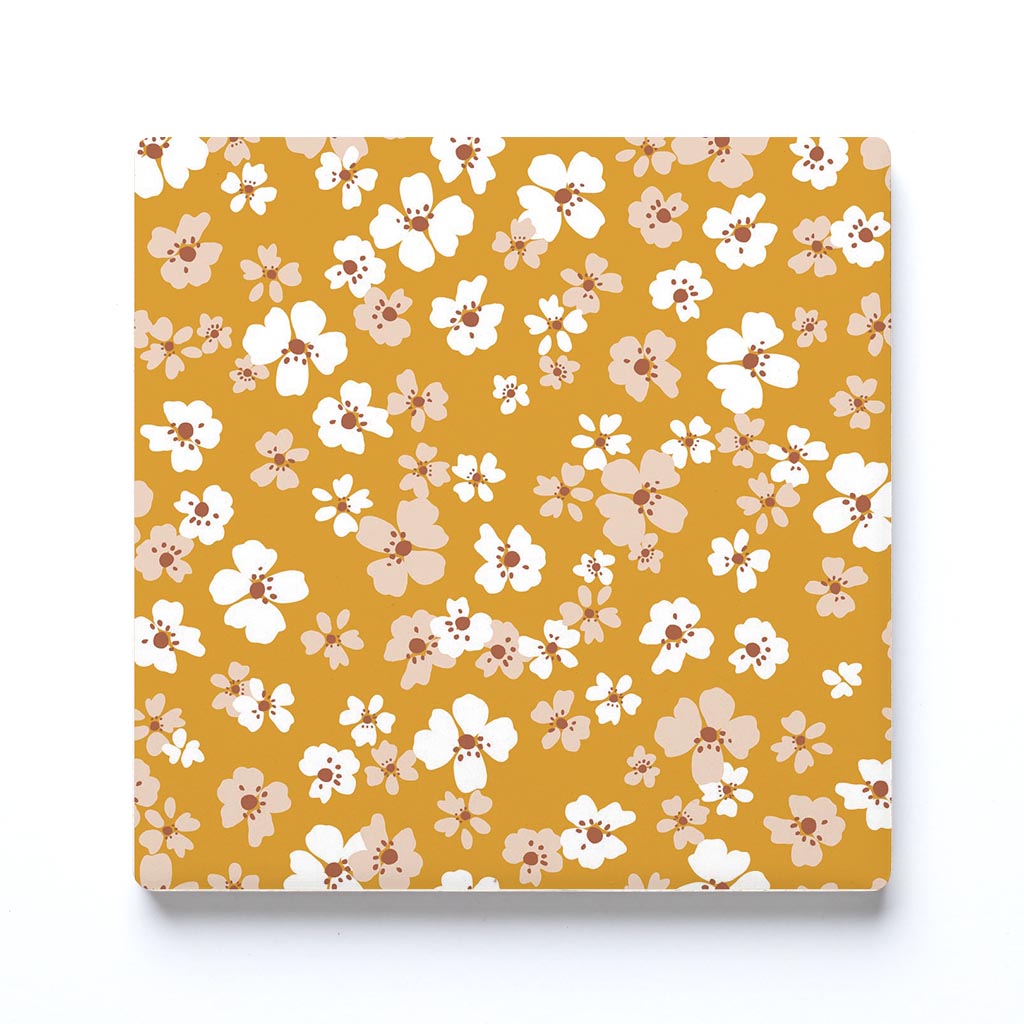 Ceramic Square Coaster-Inspirational Yellow Floral Pattern -0