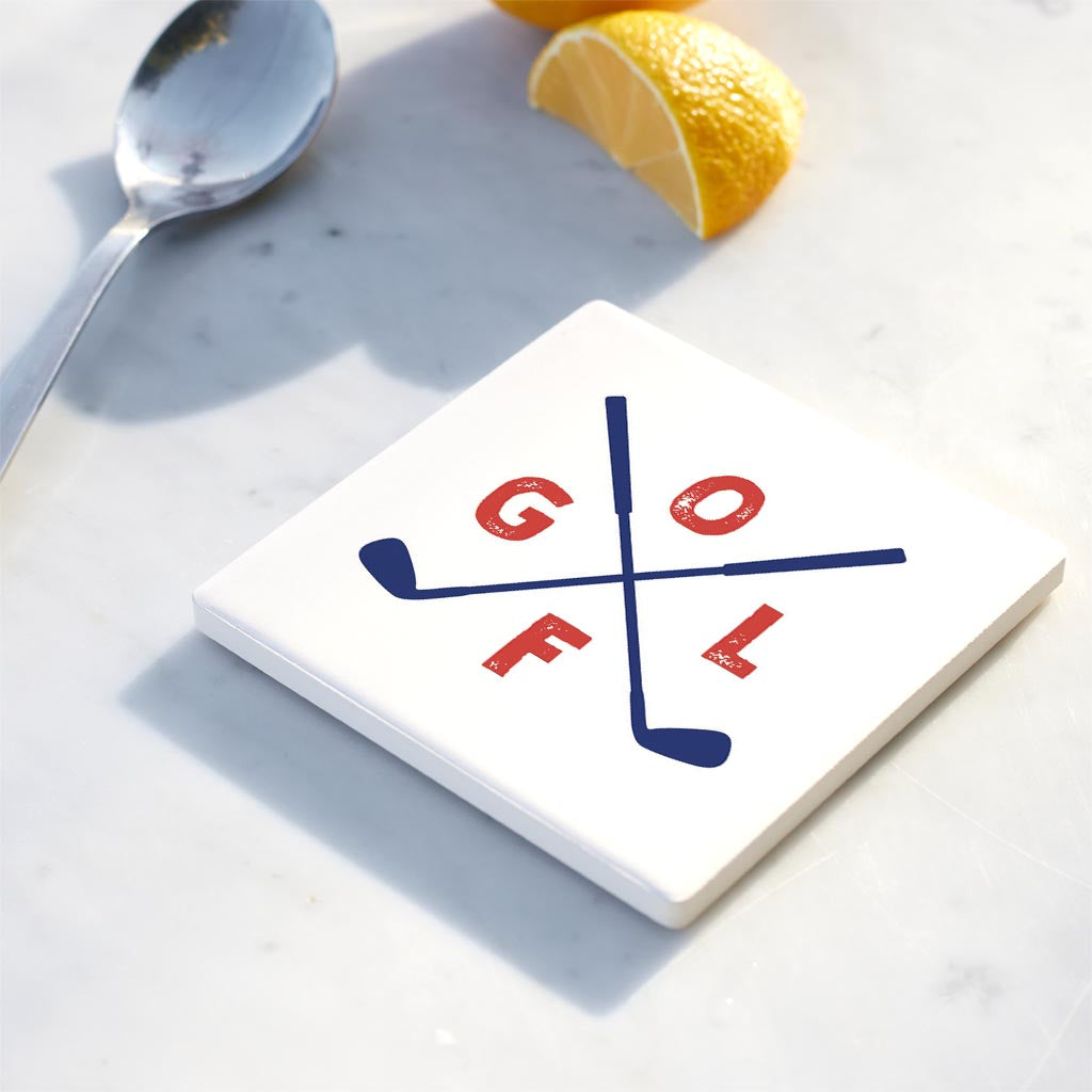 Ceramic Square Coaster-Golf Crossed Clubs -4