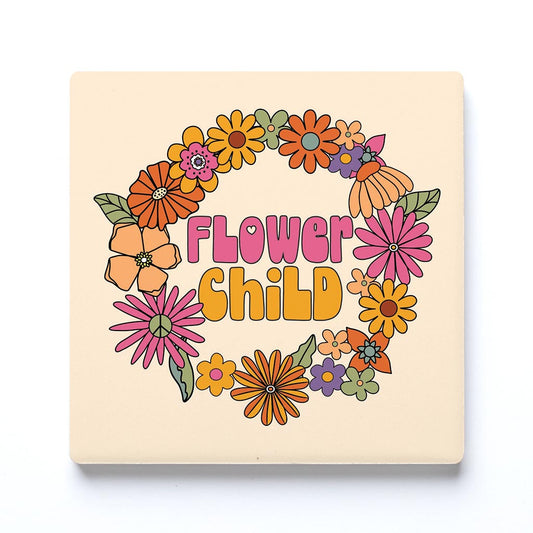 Ceramic Square Coaster-Bright Retro Flower Child -0