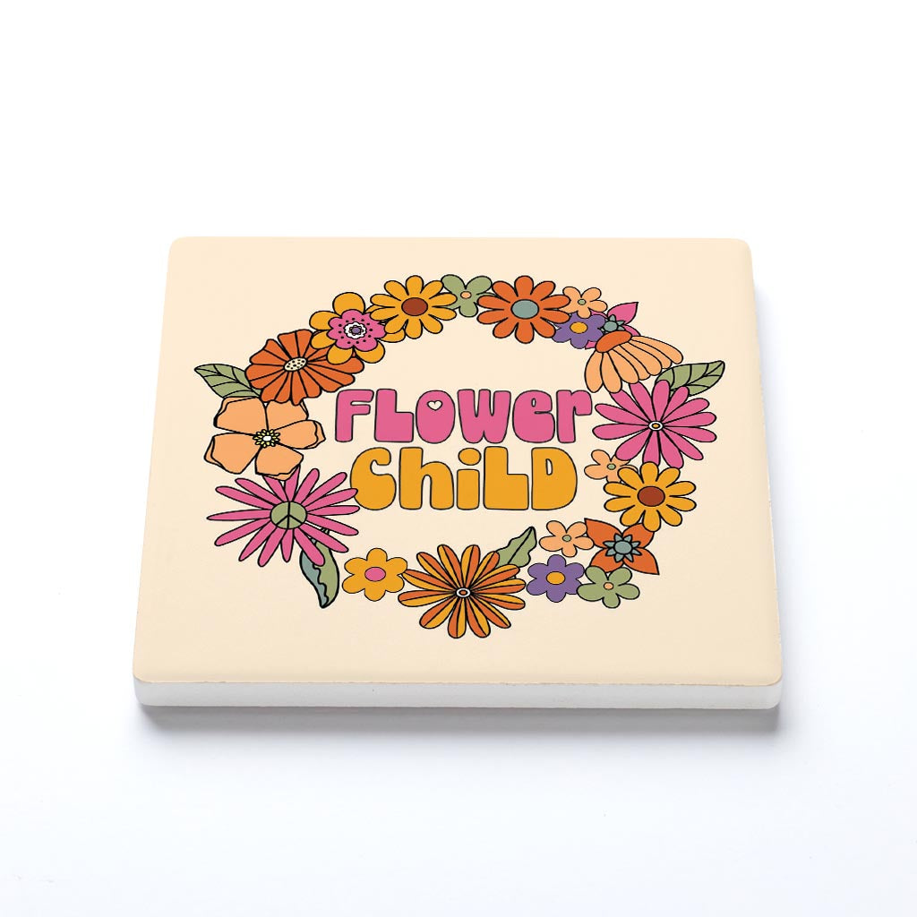 Ceramic Square Coaster-Bright Retro Flower Child -1