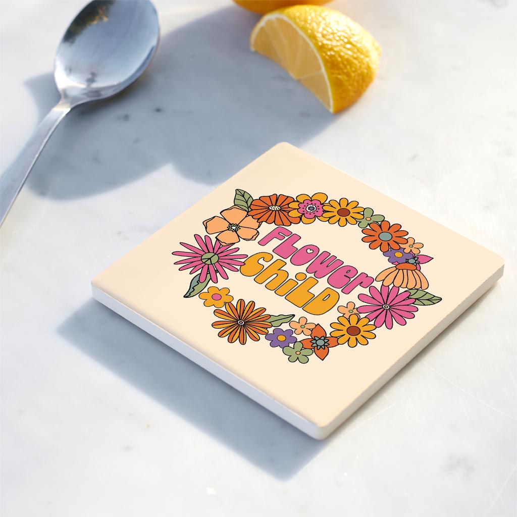 Ceramic Square Coaster-Bright Retro Flower Child -4