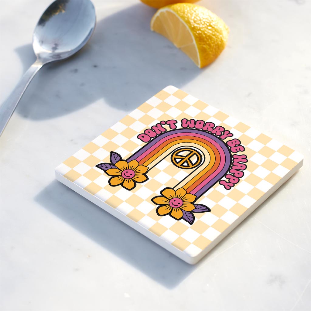 Ceramic Square Coaster-Bright Retro Don't Worry -4