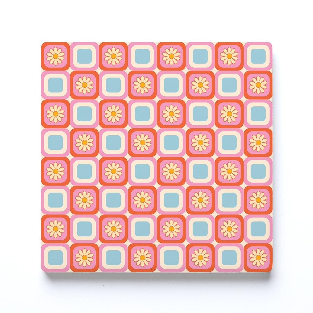 Ceramic Square Coaster-Bright Retro Floral Checker -0