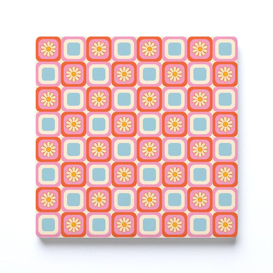 Ceramic Square Coaster-Bright Retro Floral Checker -0