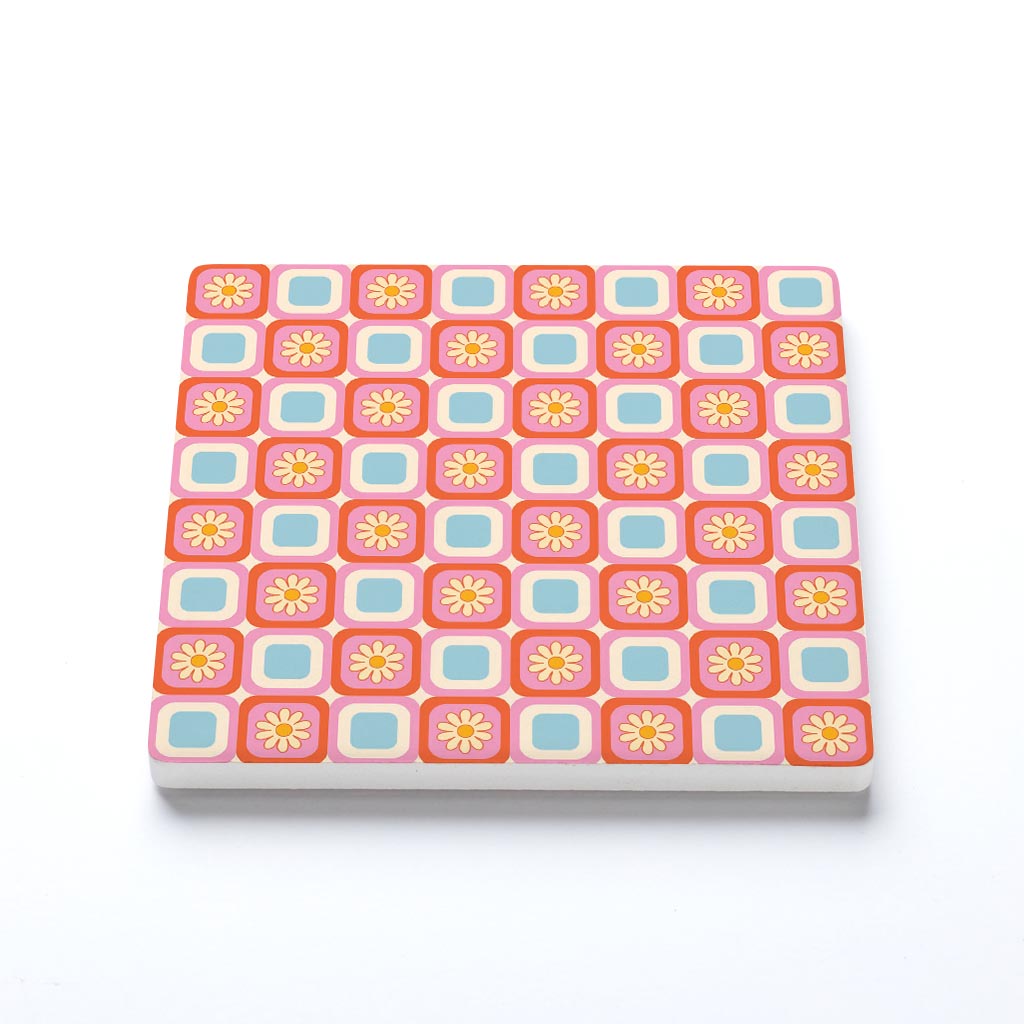 Ceramic Square Coaster-Bright Retro Floral Checker -1