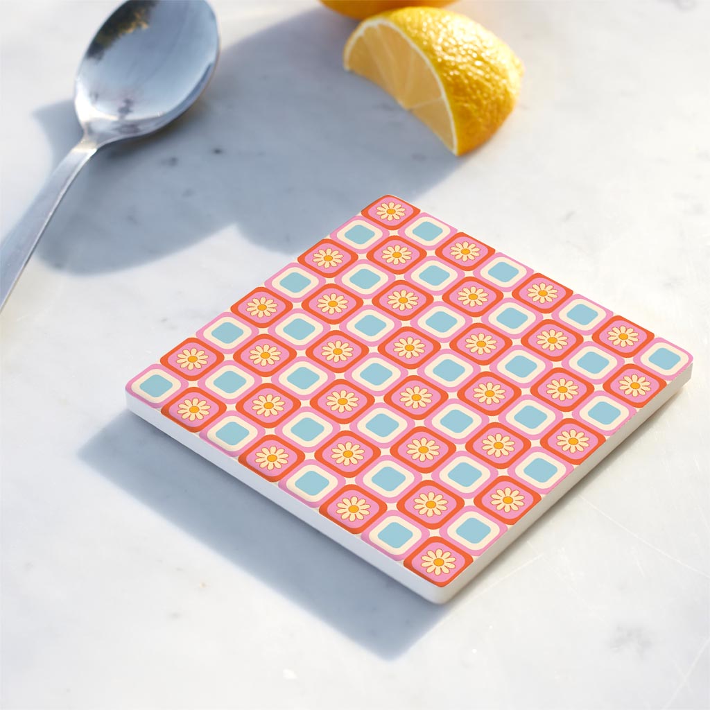 Ceramic Square Coaster-Bright Retro Floral Checker -4