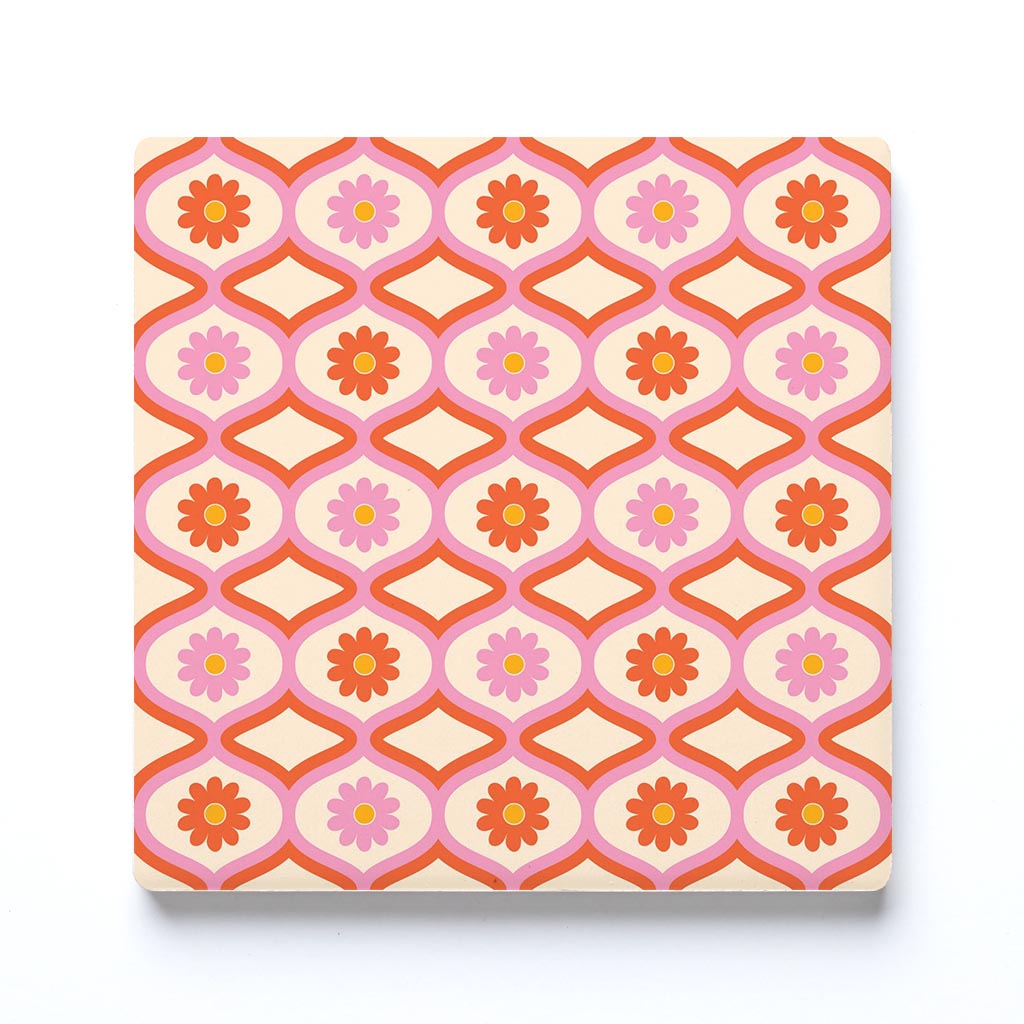 Ceramic Square Coaster-Bright Retro Groovy Flower Pattern -0