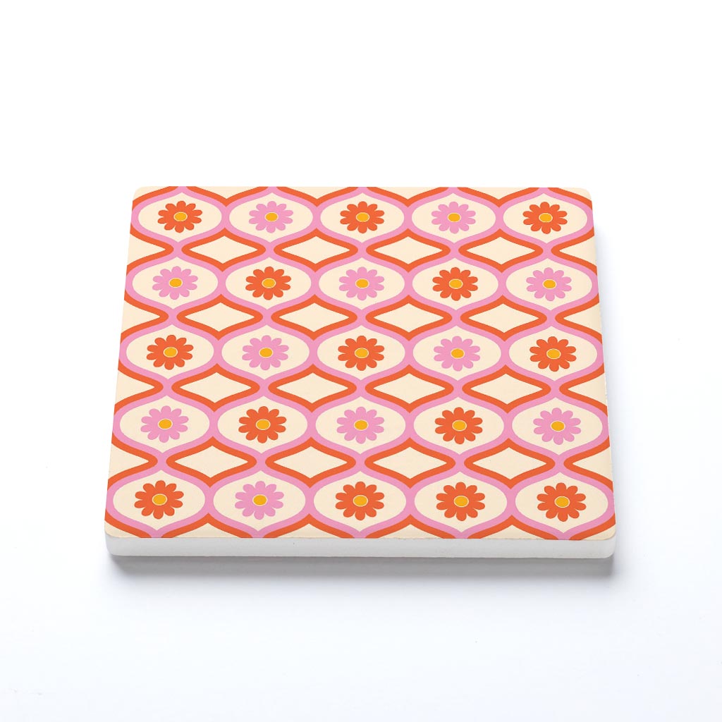 Ceramic Square Coaster-Bright Retro Groovy Flower Pattern -1