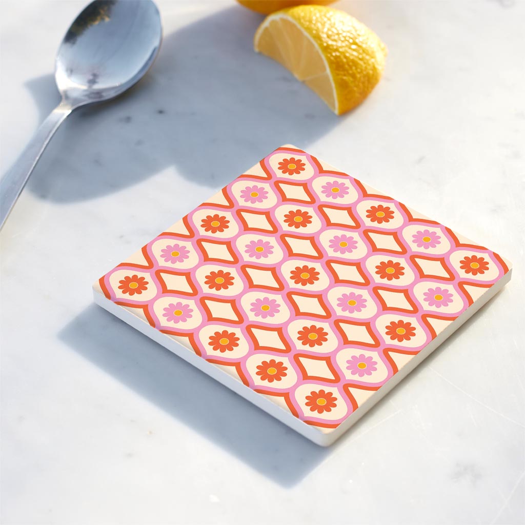 Ceramic Square Coaster-Bright Retro Groovy Flower Pattern -4