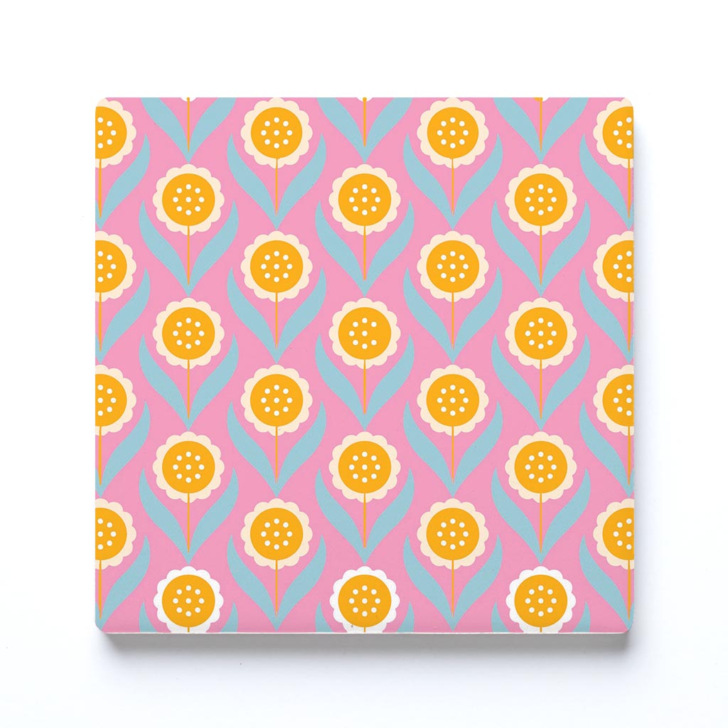 Ceramic Square Coaster-Bright Retro Pink Flower Pattern -0