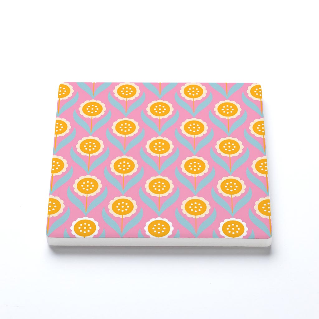 Ceramic Square Coaster-Bright Retro Pink Flower Pattern -1