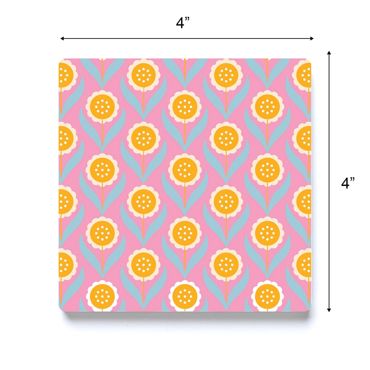 Ceramic Square Coaster-Bright Retro Pink Flower Pattern -3