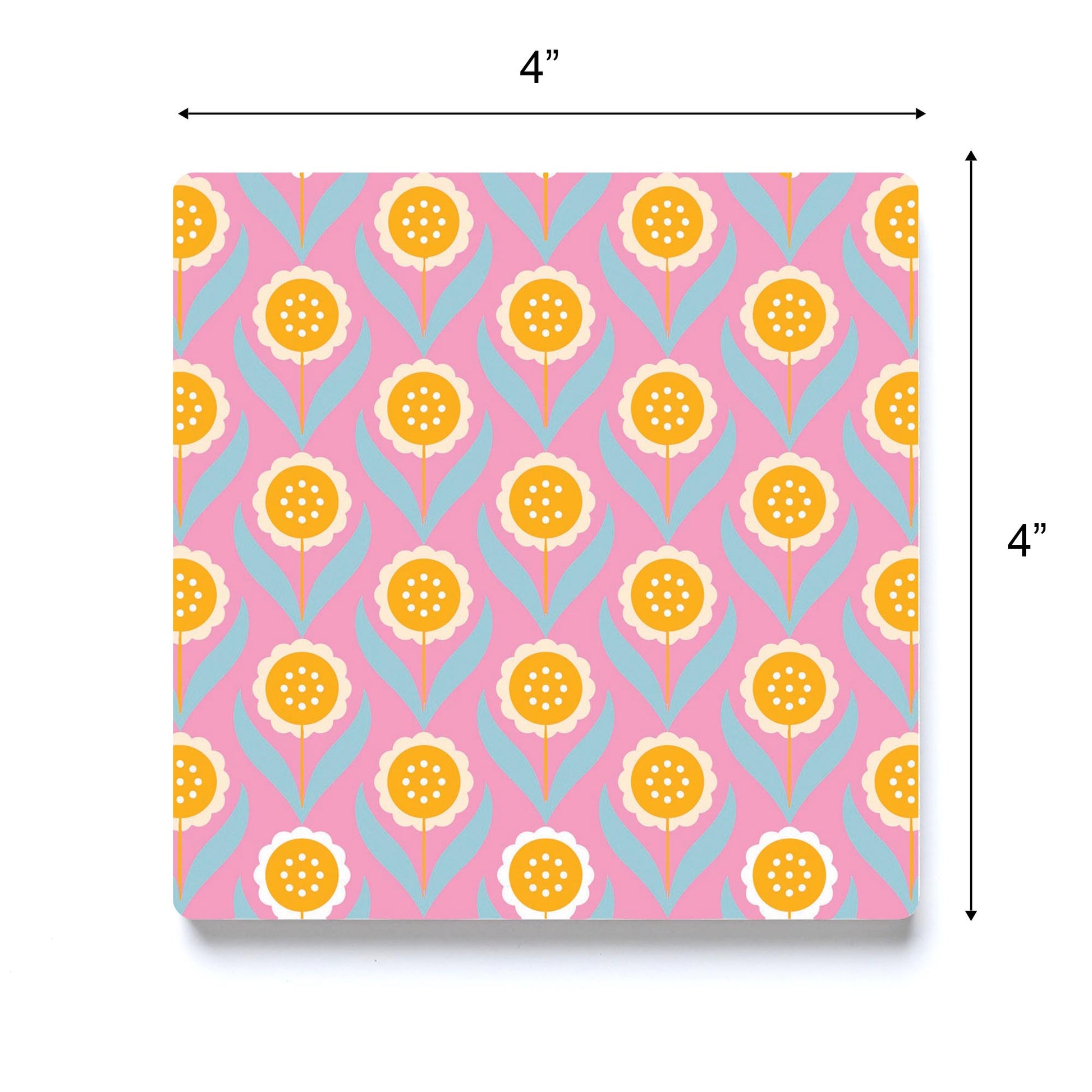 Ceramic Square Coaster-Bright Retro Pink Flower Pattern -3