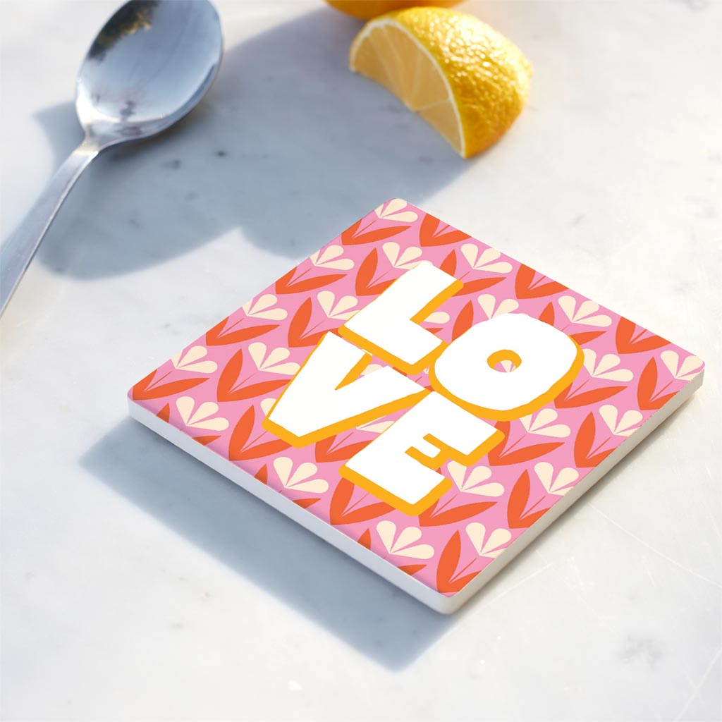 Ceramic Square Coaster-Bright Retro Love -4