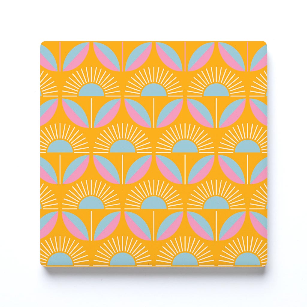 Ceramic Square Coaster-Bright Retro Orange Flower pattern -0