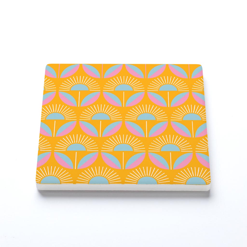 Ceramic Square Coaster-Bright Retro Orange Flower pattern -1