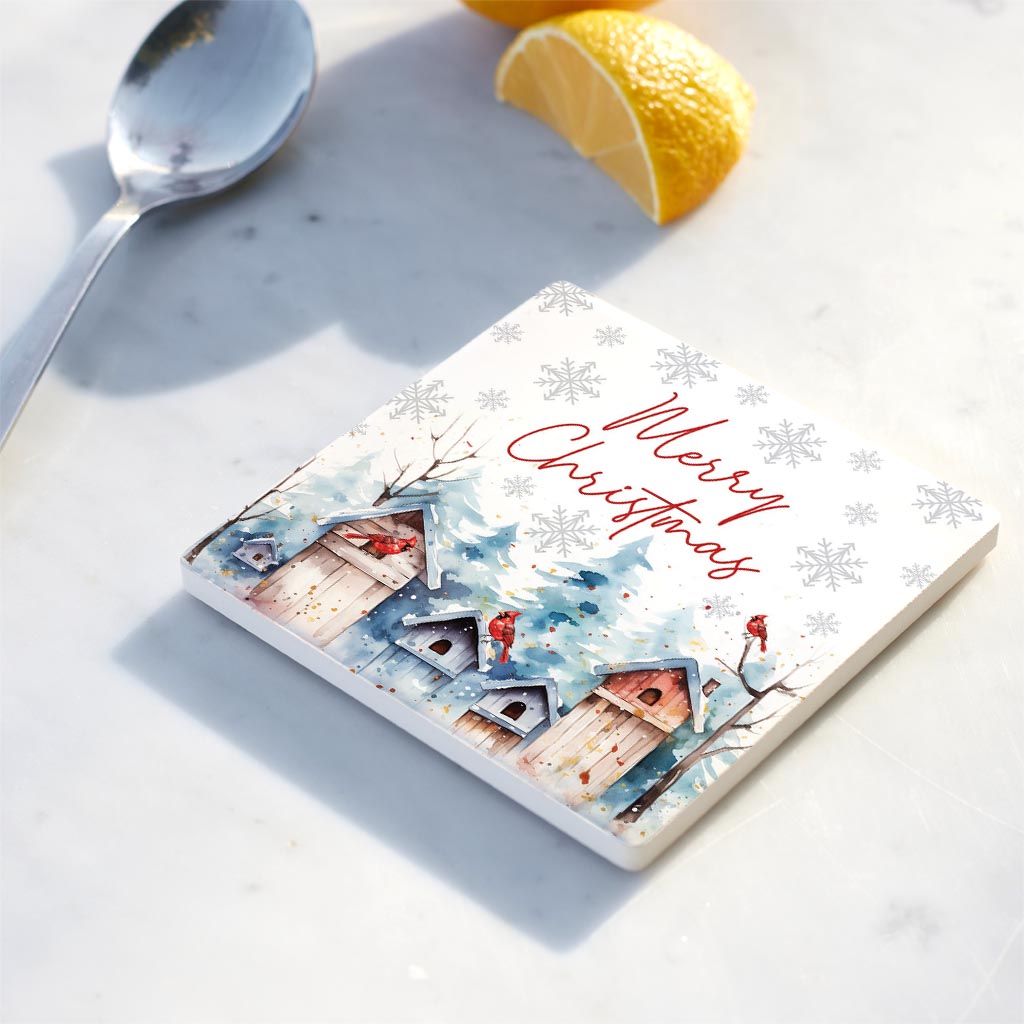 Ceramic Square Coaster-Cardinal Christmas Merry Christmas -4