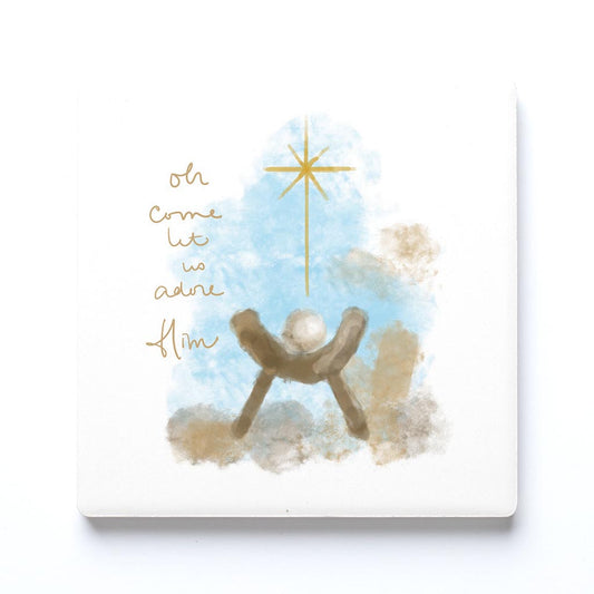 Ceramic Square Coaster-Let Us Adore Him Watercolor Manger