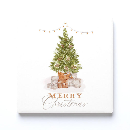 Ceramic Square Coaster-Cottage Tree Merry Christmas