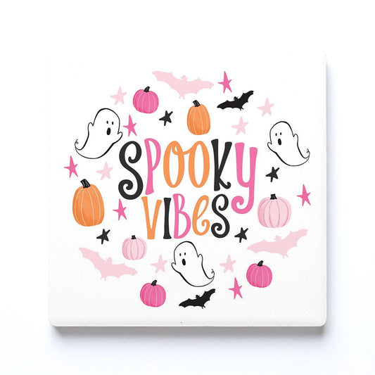 Ceramic Square Coaster-Happy Ghost Spooky Vibes -0