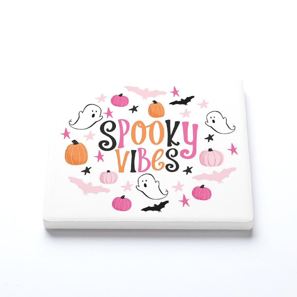 Ceramic Square Coaster-Happy Ghost Spooky Vibes -1