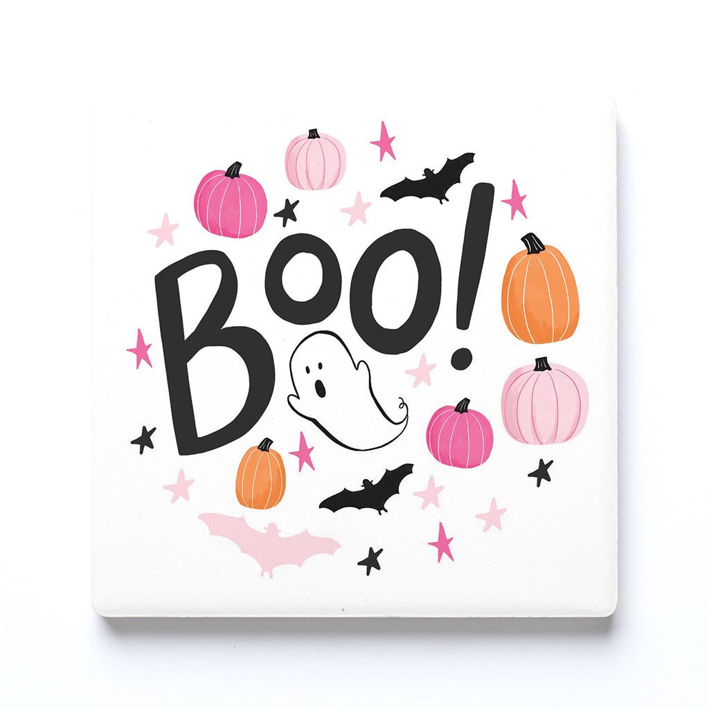 Ceramic Square Coaster-Happy Ghost Boo -0