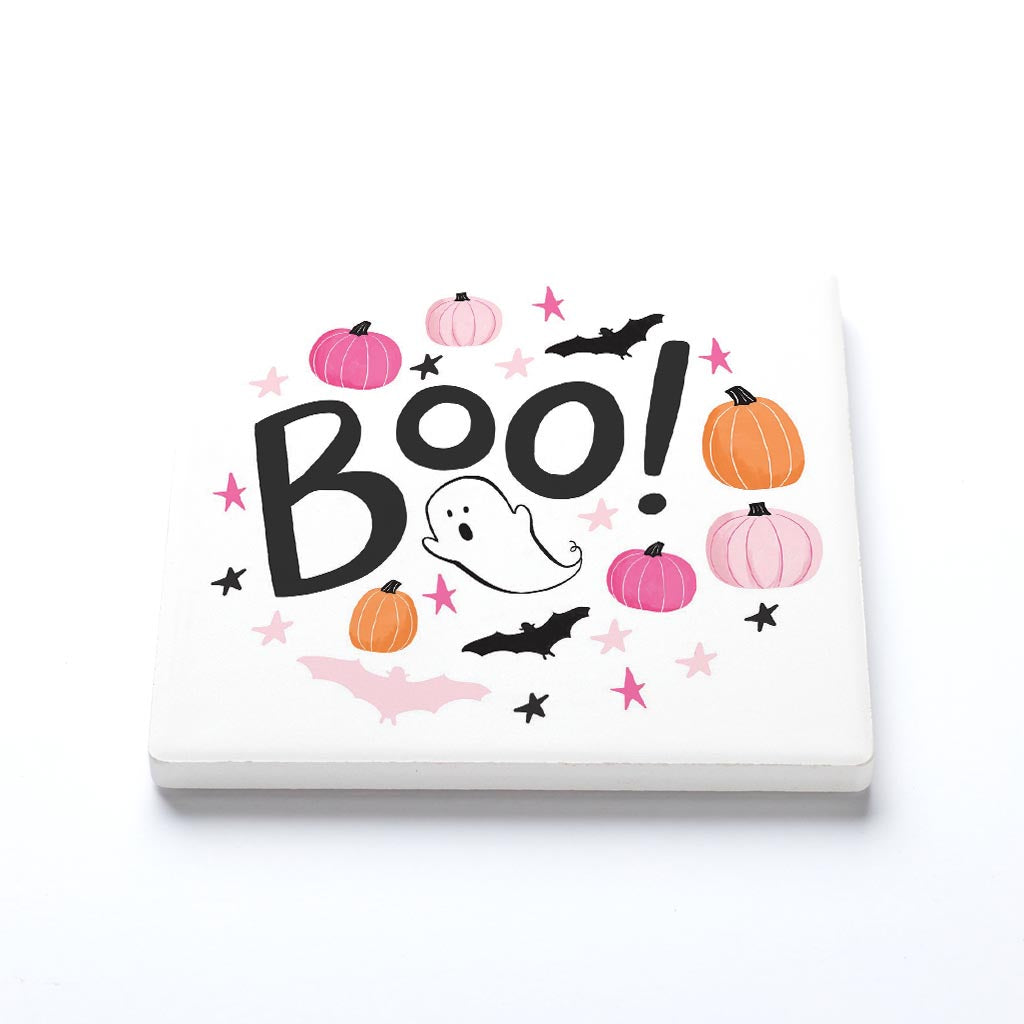 Ceramic Square Coaster-Happy Ghost Boo -1