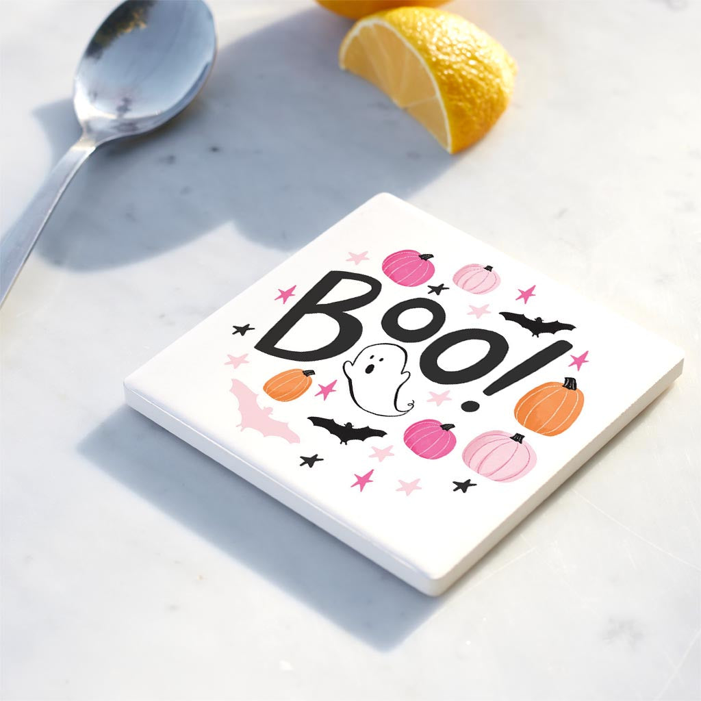 Ceramic Square Coaster-Happy Ghost Boo -4