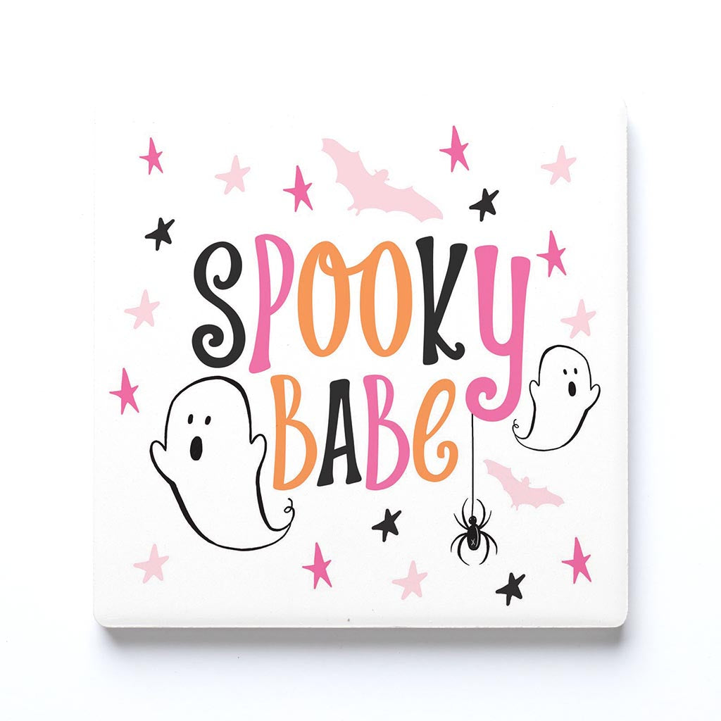 Ceramic Square Coaster-Happy Ghost Spooky Babe -0