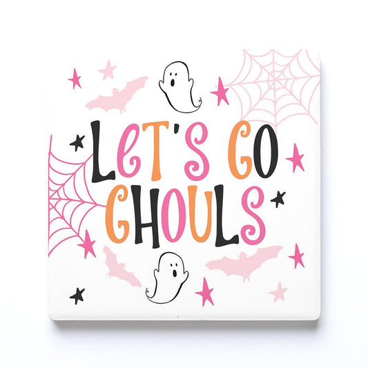 Ceramic Square Coaster-Happy Ghost Let's Go Ghouls -0