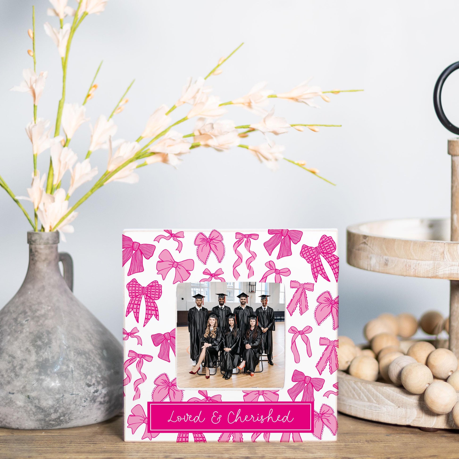 Simply Square Frame-Pink Bows Loved & Cherished -1