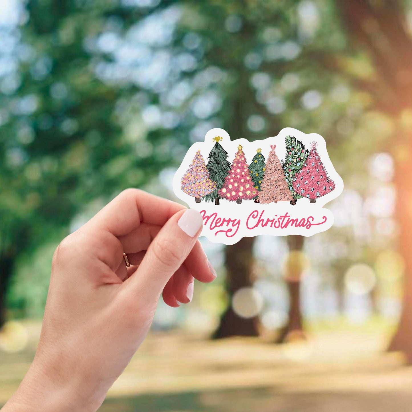 Vinyl Sticker-Pink Trees Merry Christmas