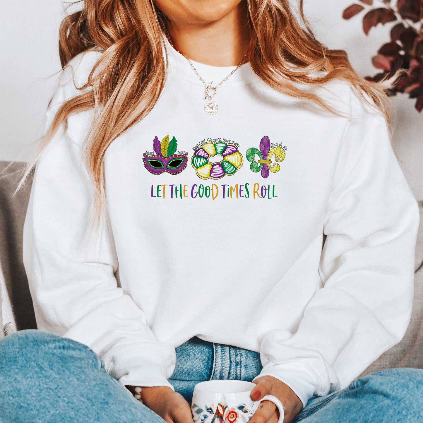 Gildan Sweatshirt White-Mardi Gras Let The Good Times Roll