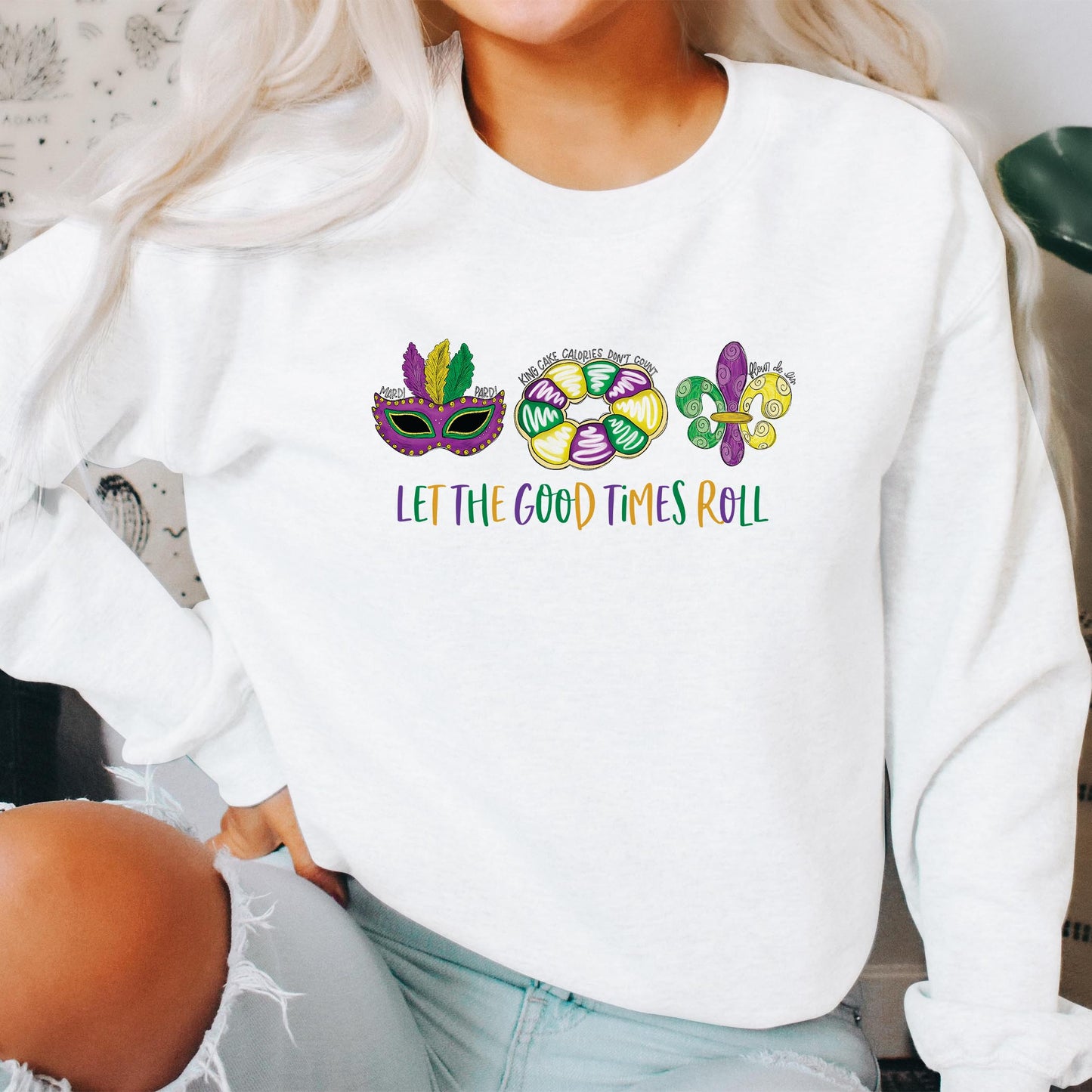 Gildan Sweatshirt White-Mardi Gras Let The Good Times Roll