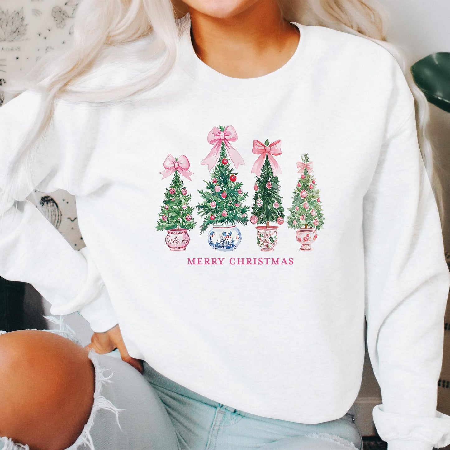 Gildan Sweatshirt White-Blush & Baubles - A Grand Millennial Christmas -2