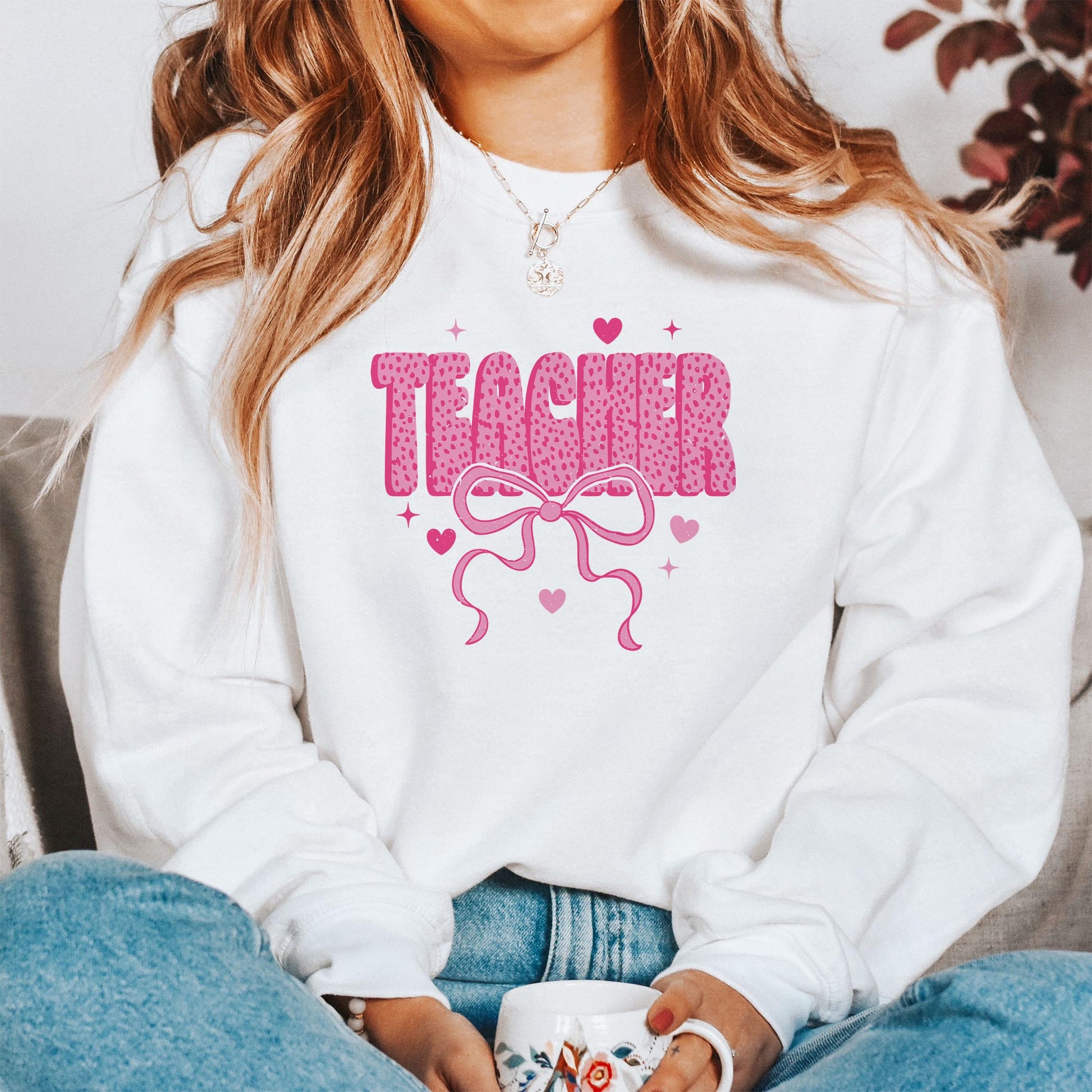 Gildan Sweatshirt White-Classroom Coquette Teacher Hearts & Bow -1