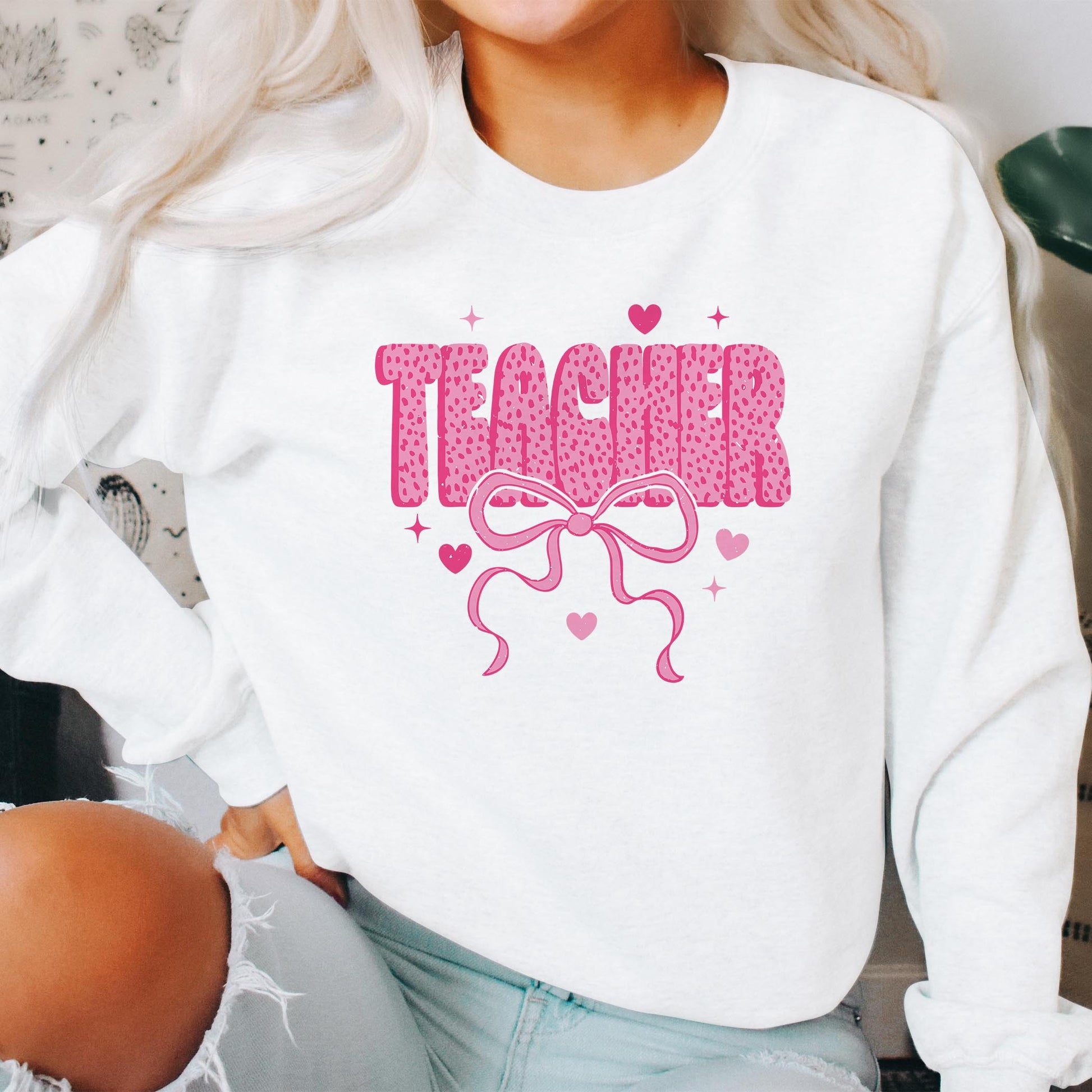 Gildan Sweatshirt White-Classroom Coquette Teacher Hearts & Bow -2