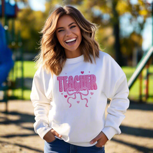 Gildan Sweatshirt White-Classroom Coquette Teacher Hearts & Bow -3