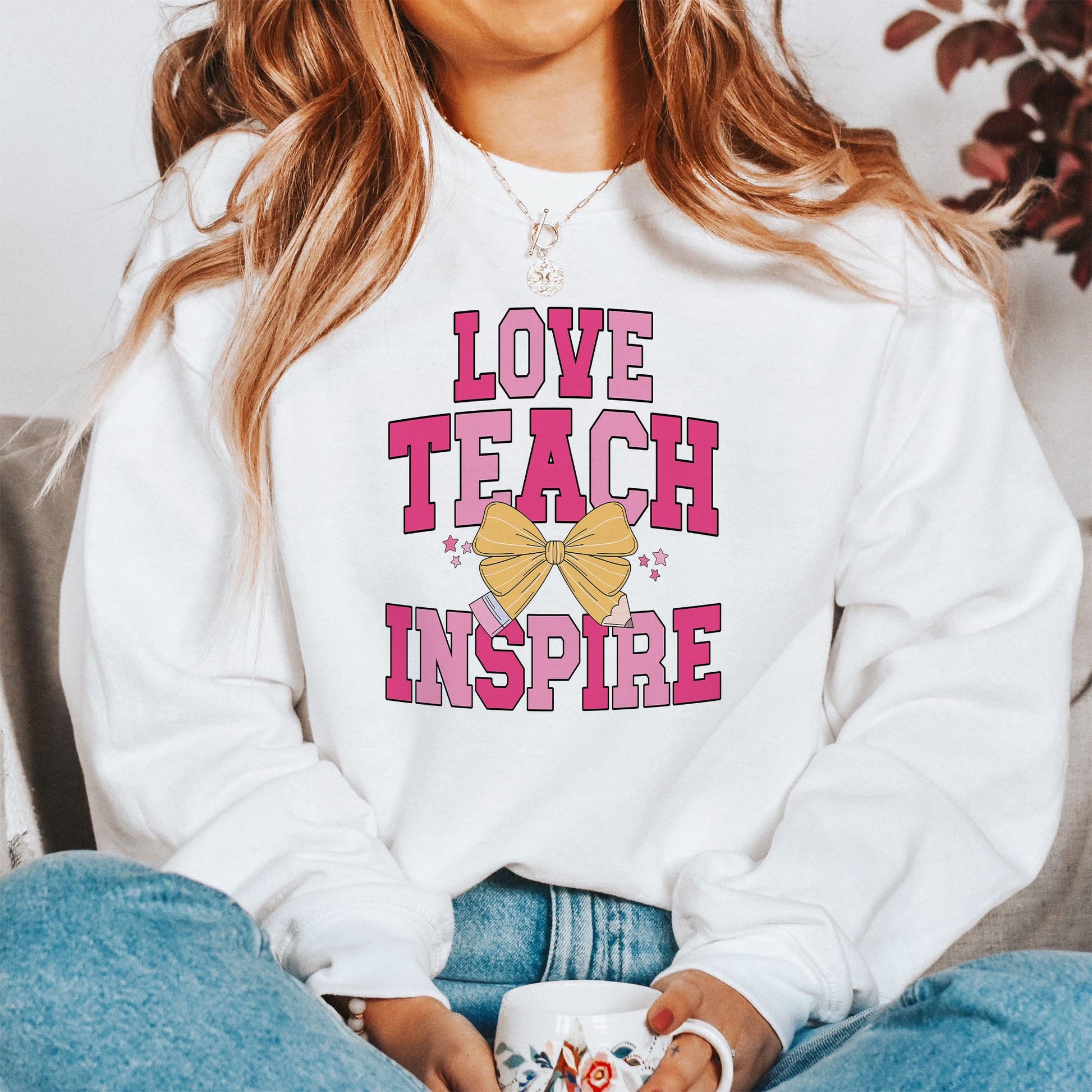 Gildan Sweatshirt White-Classroom Coquette Love Teach Inspire -1