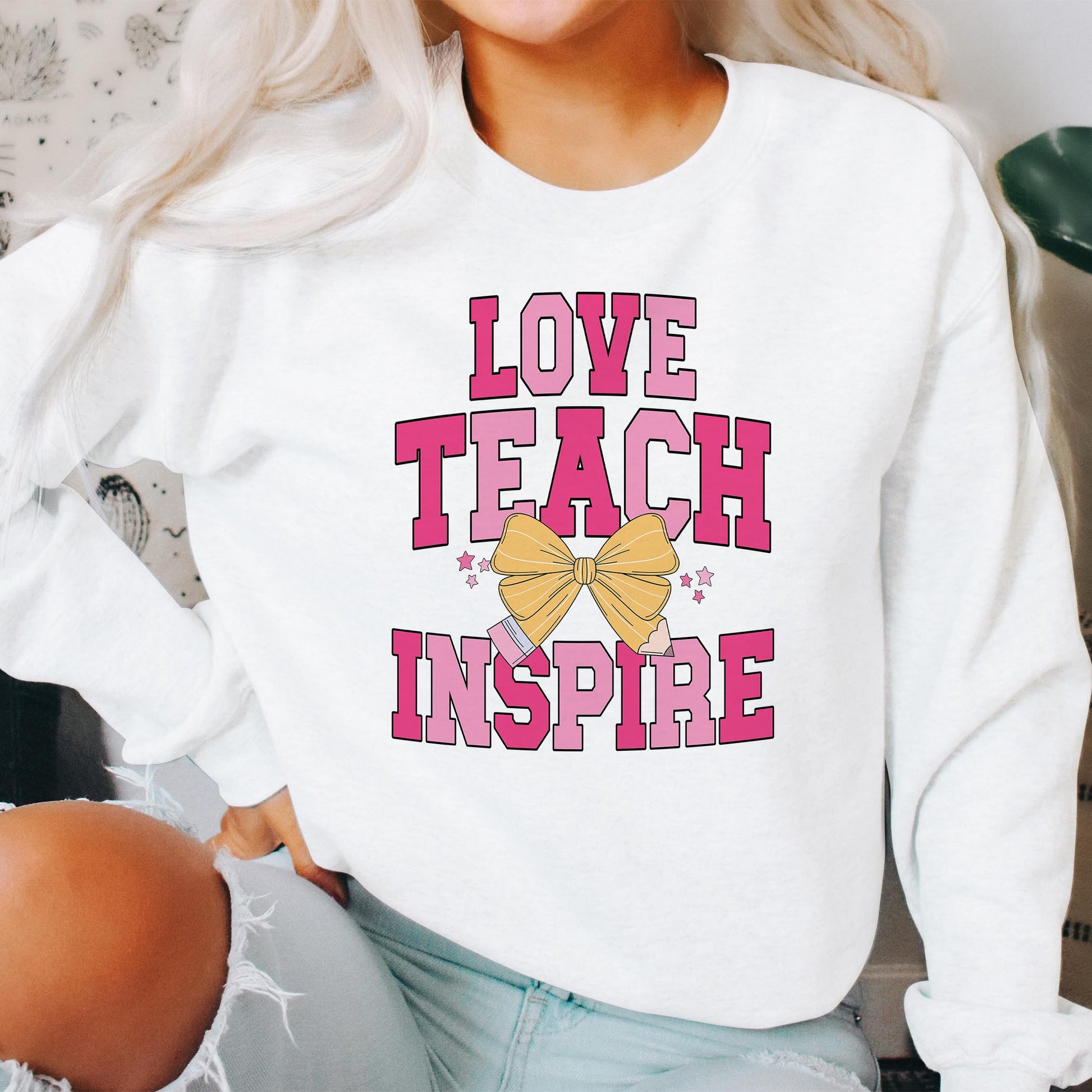 Gildan Sweatshirt White-Classroom Coquette Love Teach Inspire -2