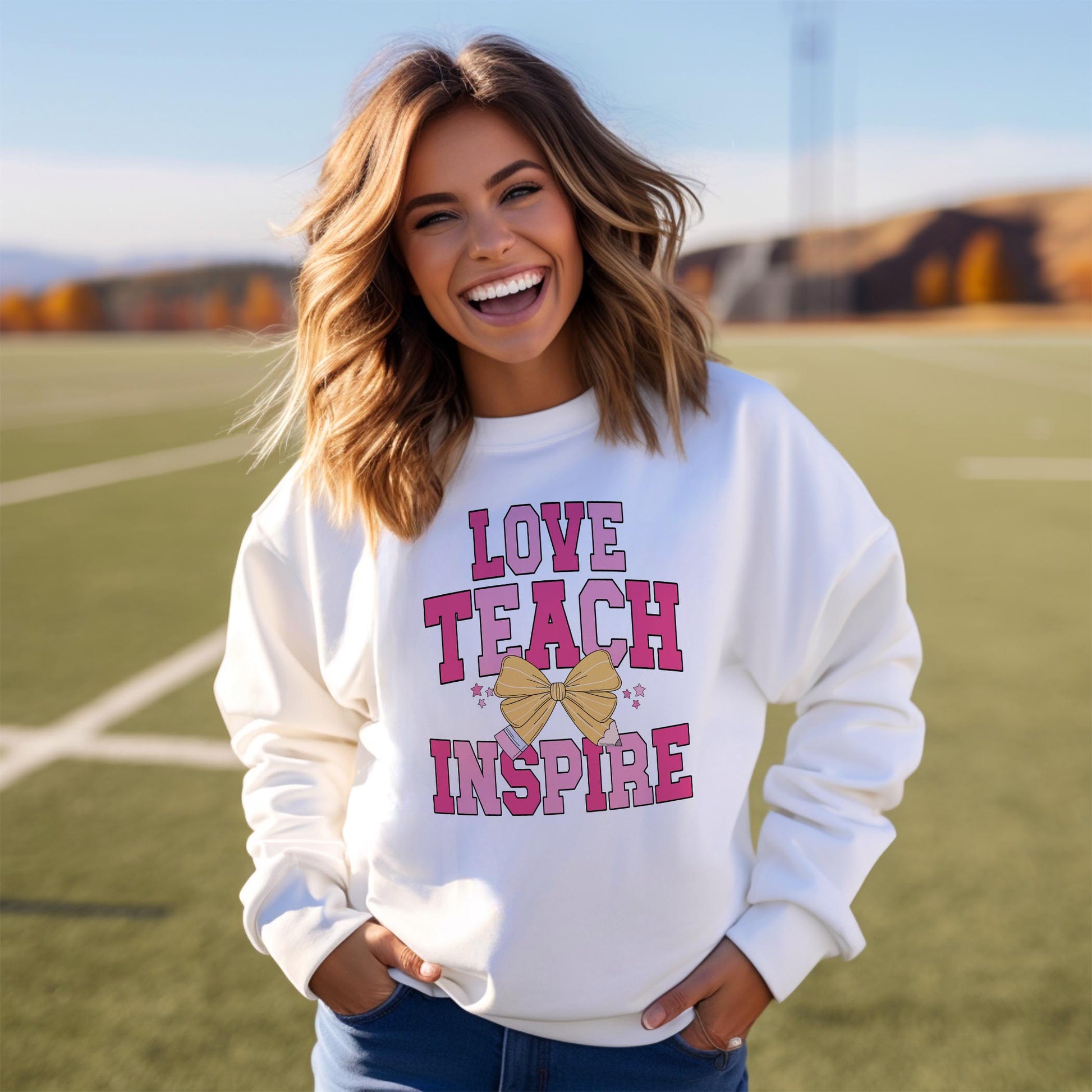 Gildan Sweatshirt White-Classroom Coquette Love Teach Inspire -3