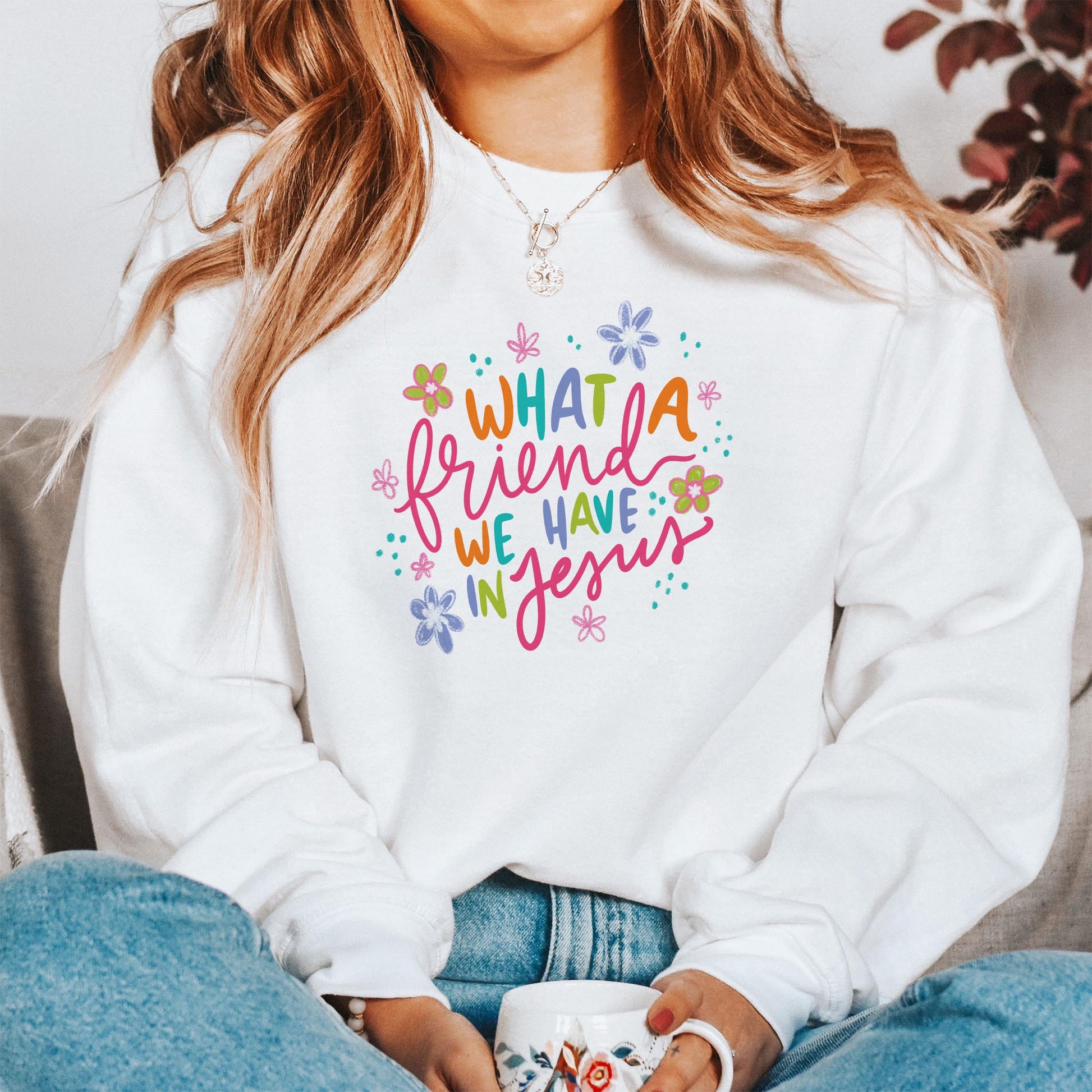 Gildan Sweatshirt White-What A Friend We Have In Jesus -1