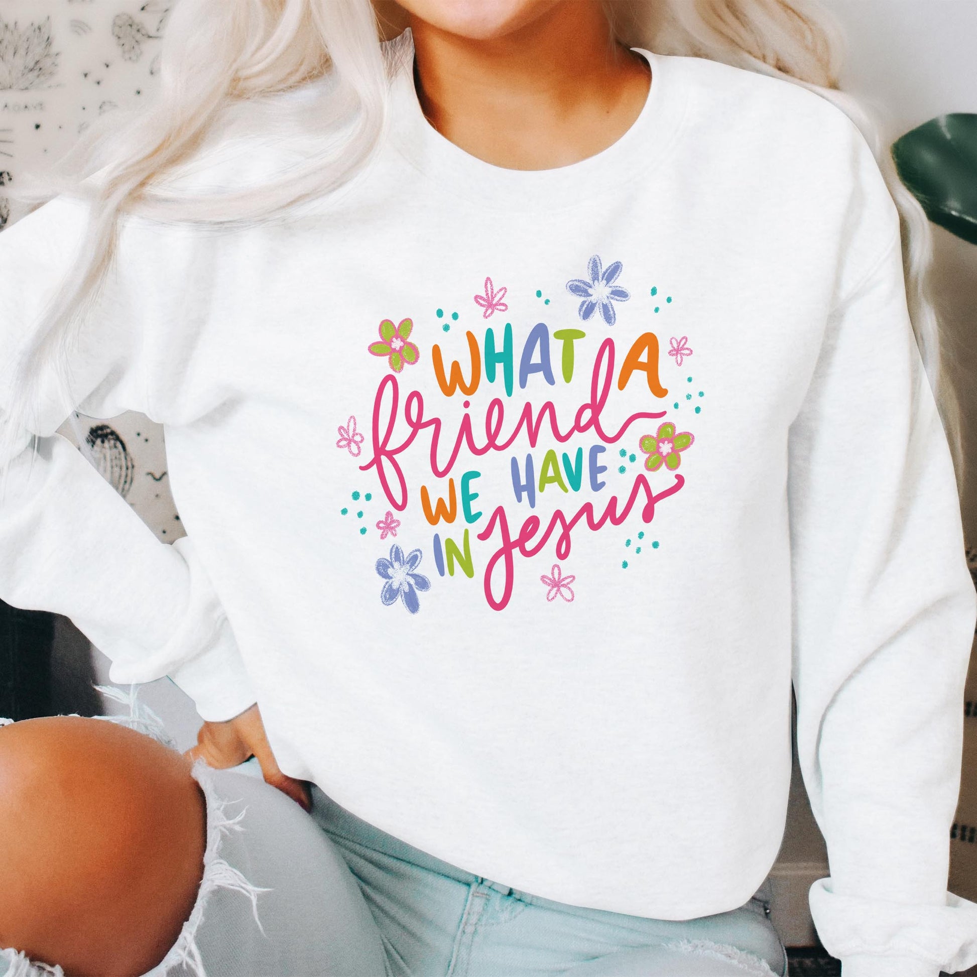 Gildan Sweatshirt White-What A Friend We Have In Jesus -2