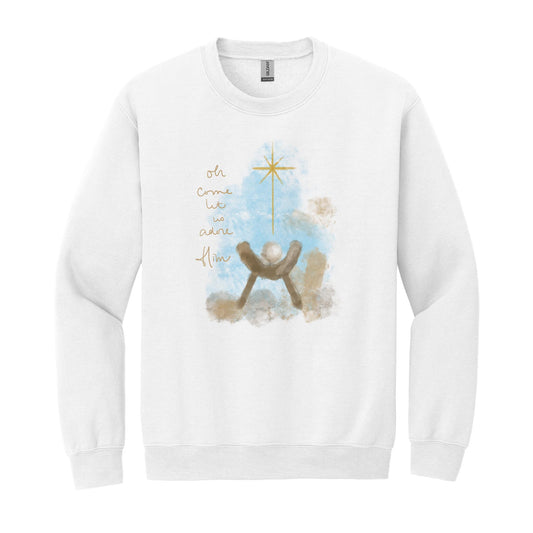 Gildan Sweatshirt White-Let Us Adore Him Watercolor Manger